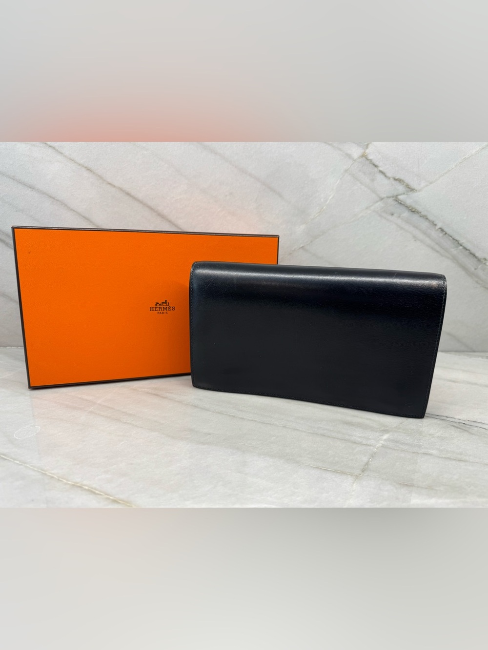 Rare Hermes Vintage Black Box Calf Leather Clutch